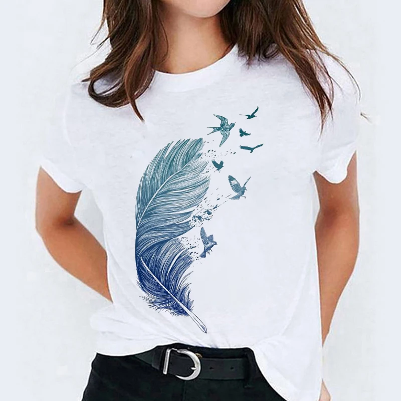 

Women Feather Bird Short Sleeve Printing Summer Home New Tee Shirt O-neck Short Sleeve 90s Harajuku Tops Hipster T shirt