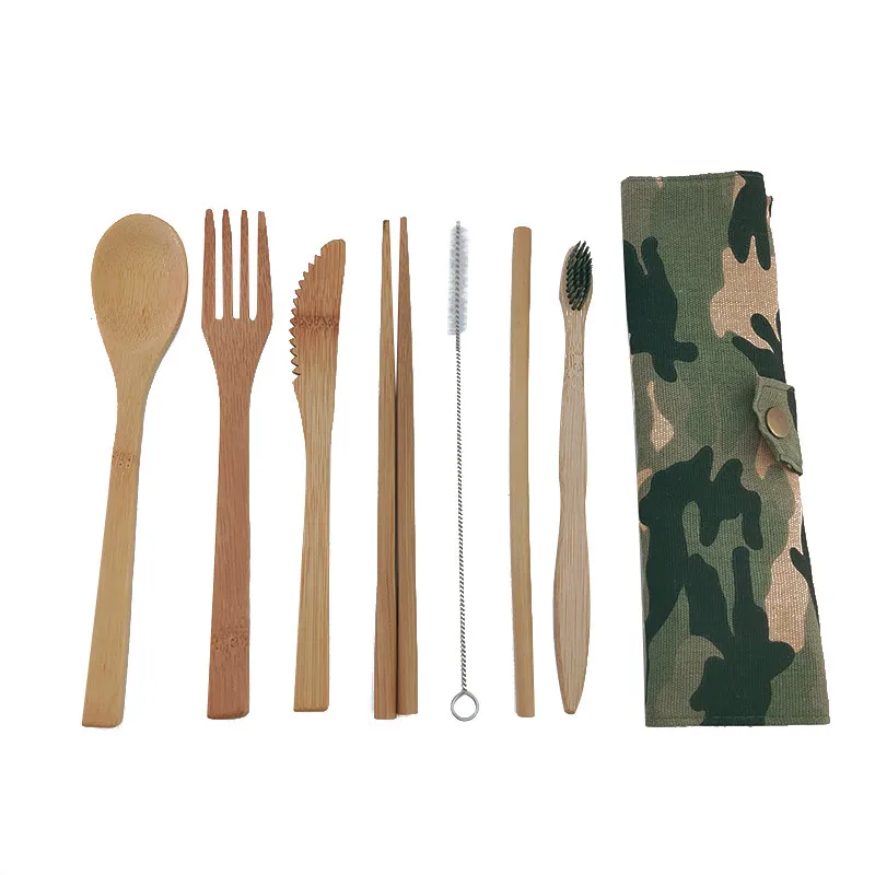 camouflage Портативный экологичный набор столовых приборов 8 шт. бамбуковый набор столовых приборов нож вилка ложка многоразовые трубочки палочки для еды бамбуковые дорожные Uten - Цвет: camouflage