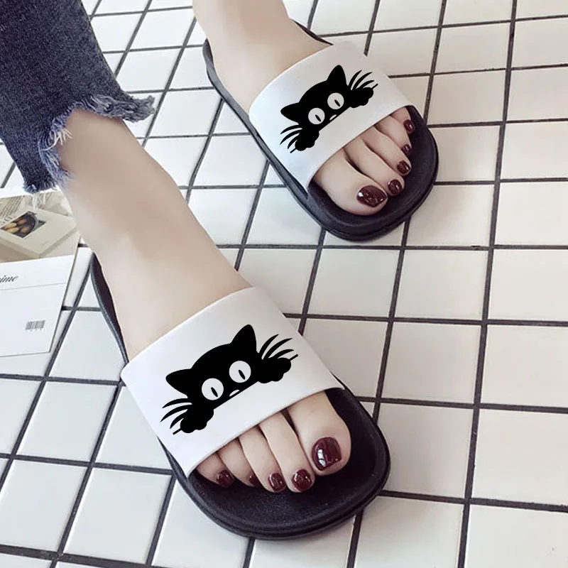 

Summer Women Shoes Indoor Slippers black cats Print Home Beach sandals Non-slip floor Slides Fashion ladies shoes Plus Size 41