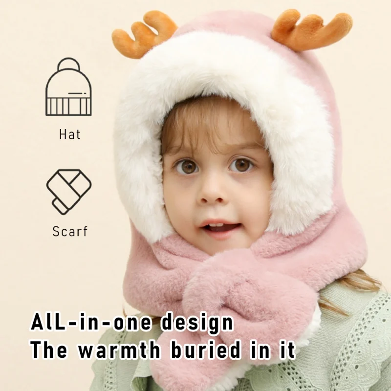 

Fashion Winter Girl Beanies Caps velvet thicken cute antler children Warm hats Cute Bear Ear Hat Casual Plush Hat Scarf Set