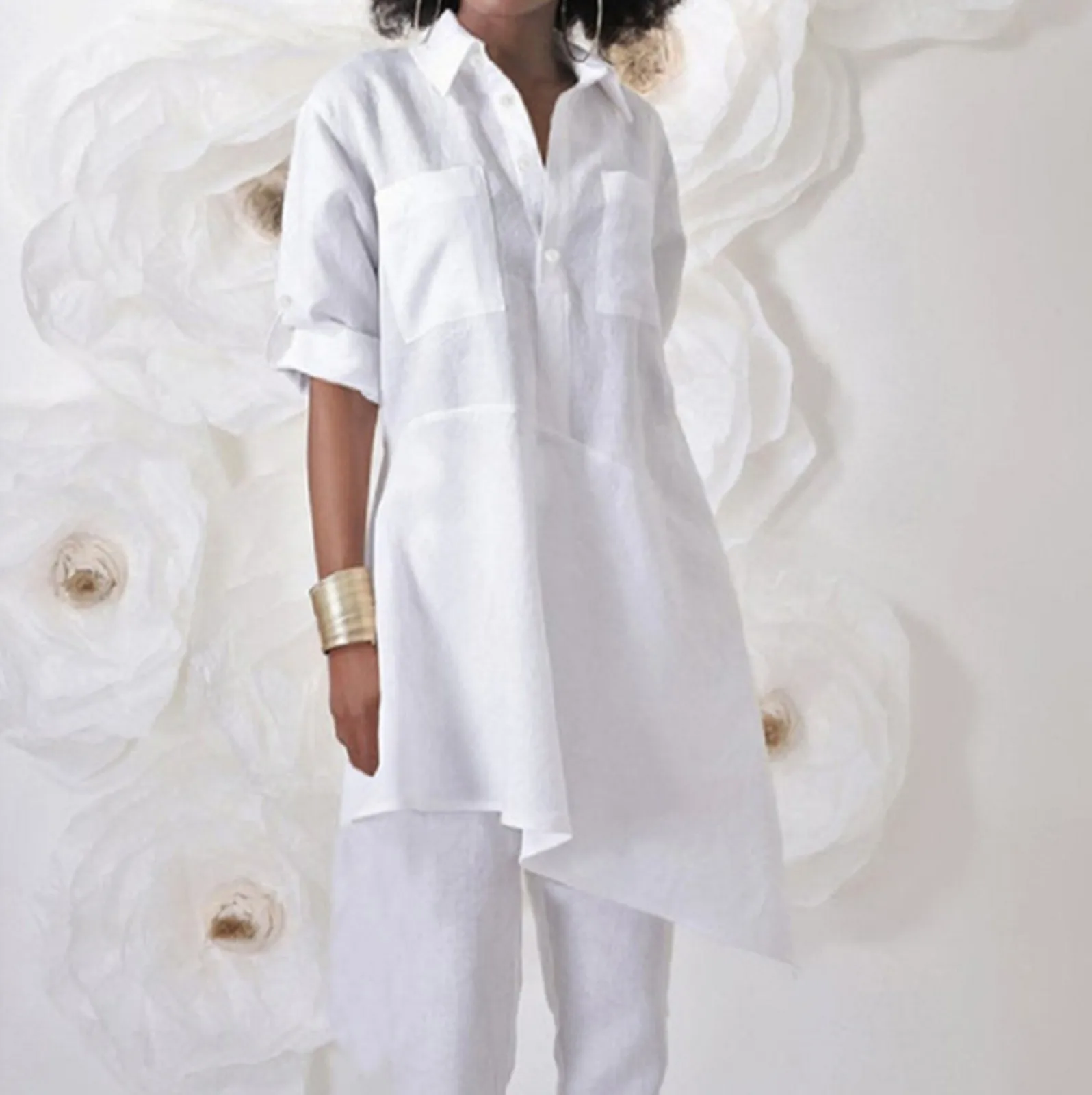 Женская блузка с коротким рукавом круглым вырезом и карманами | одежда