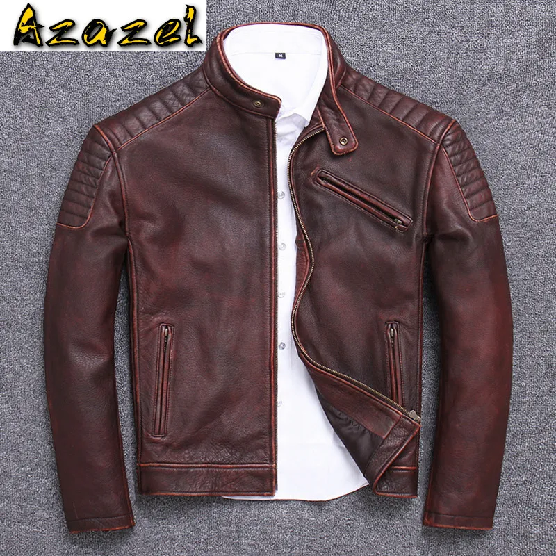 

Мужская винтажная кожаная куртка, мотоциклетная куртка из натуральной коровьей кожи, верхняя одежда для весны и осени, модель KJ3212