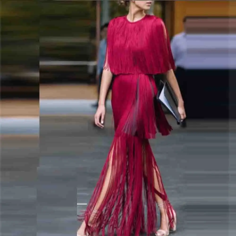 Женское облегающее платье Ocstrade фиолетовое до щиколотки с кисточками вечернее