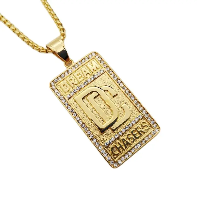 

Hip Hop rock stainless steel rhinestones Dream Chaser pendant necklace mens fashion Gold color DC necklace jewelry