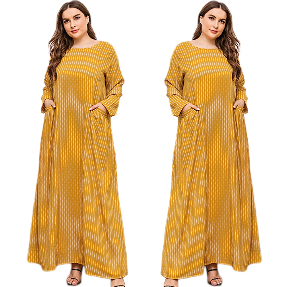 

Plus Size Muslim Women Stripes Long Dress Abaya Loose Casual Arab Long Sleeve Kaftan Robe Gown Ramadan Islamic Middle East New