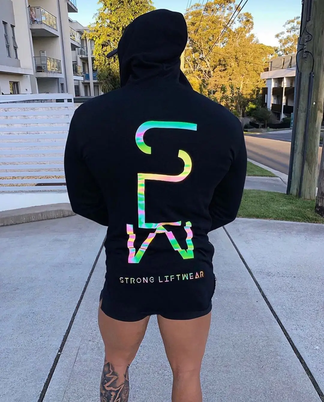 

2021 spring and autumn dazzling color reflective cotton hoodie running fitness training long-sleeved men's elastic laser hoodie