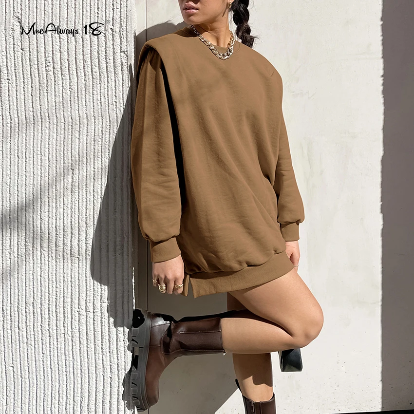 

Mnealways18 Winter Warm Women Khaki Pullover Thick Casual Sweatshirt Female Long Sleeve Shoulder Pads Oversized Tops Streetwear
