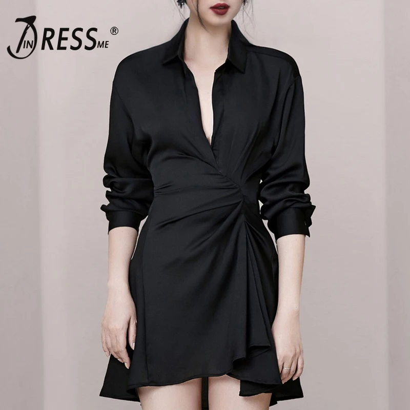 Женское платье с глубоким v-образным вырезом INDRESSME черное длинным рукавом и