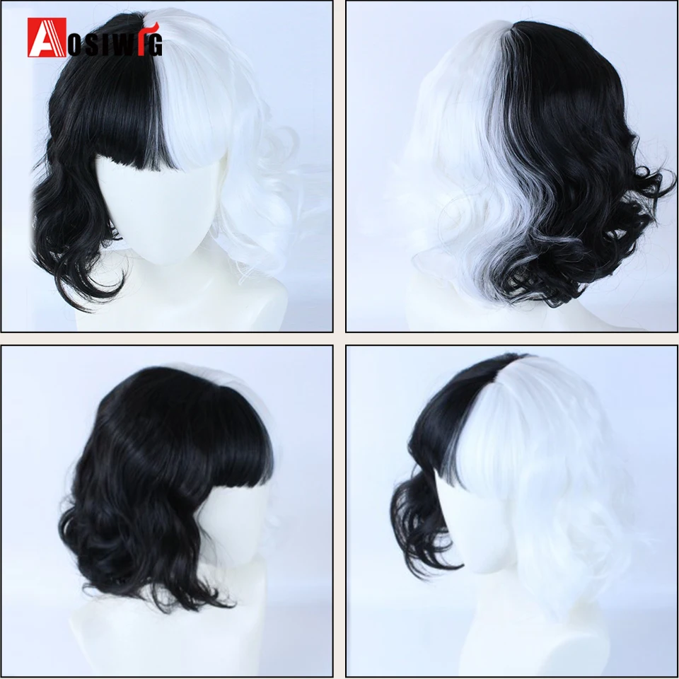 AOSIWIG New Half White And Black Synthetic Short Wave Curly Hair With Bangs Cos Wig Natural Women's Heat-resistant |