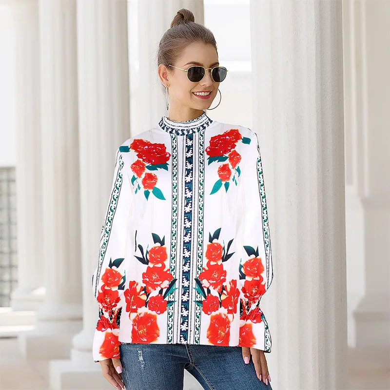 

Original Design of Autumn New European Women Clothes Hot Style Lady Loose Collar Printed Long-Sleeved Shirt