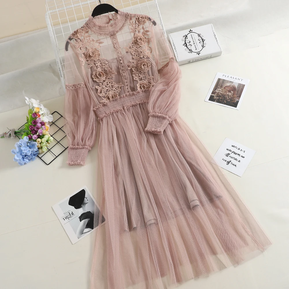 LUZUZI женское кружевное платье с цветочным рисунком Сетчатое летнее рукав фонарик вуаль длинное винтажный