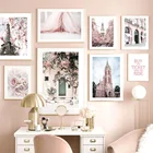 Настенная картина с изображением розовых цветов, парижской башни, римских окон