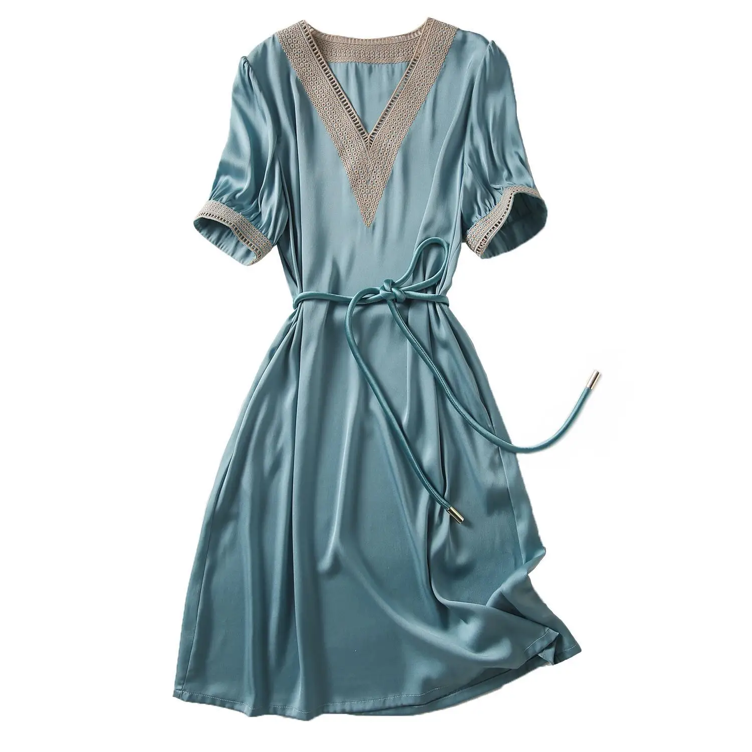 

Elegant temperament V-neck cut-out embroidery lace up waist slim dress