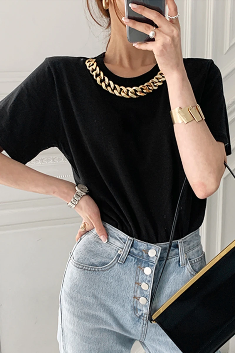 

Korean version of the summer niche simple round neck pullover chain decoration design loose solid color short-sleeved T-shirt