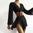 Женское черное бикини Micendy, Бандажное платье, купальные костюмы, рубашка с длинным рукавом, однотонный купальник, 4 предмета