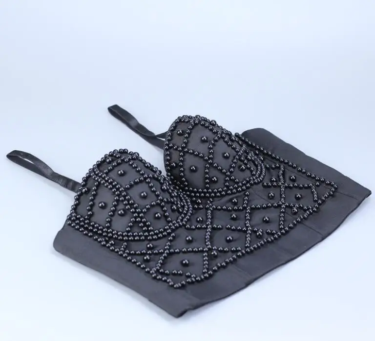 

2020 Pearls Cropped Top Beading Push Up Bra Women's Sexy Glitter Top Party Christmas Halloween Black Bralette Camis LQ-02