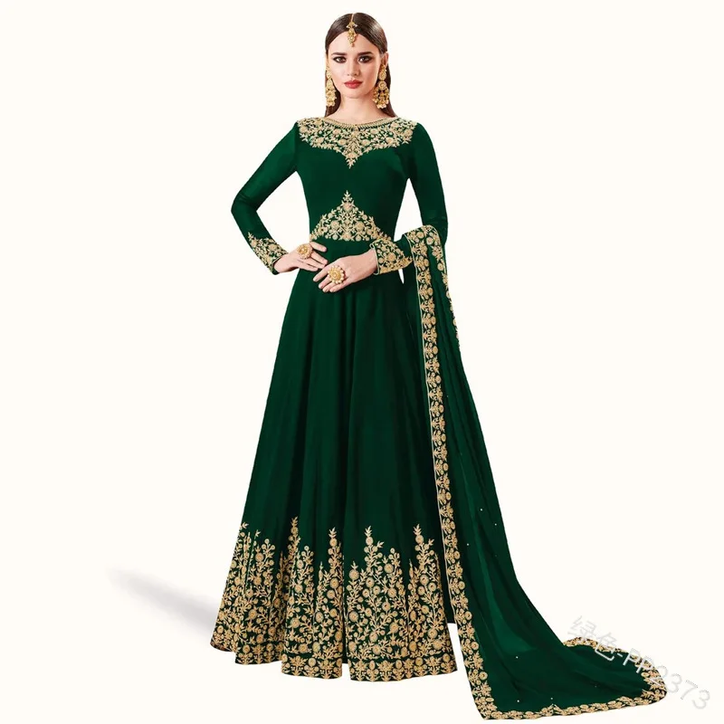 Elegant Floral Embroider Long Sleeve Abaya Style Indian 2 Pcs Set Muslim Dress Plus Size A-line Maxi Party Dress Women Fashion