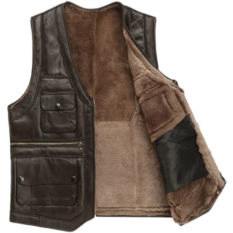 2021 Men's Leather Vest Full-Grain Sheepskin Autumn and Winter Multi-Pocket Casual Fur Integrated Warm | Мужская одежда
