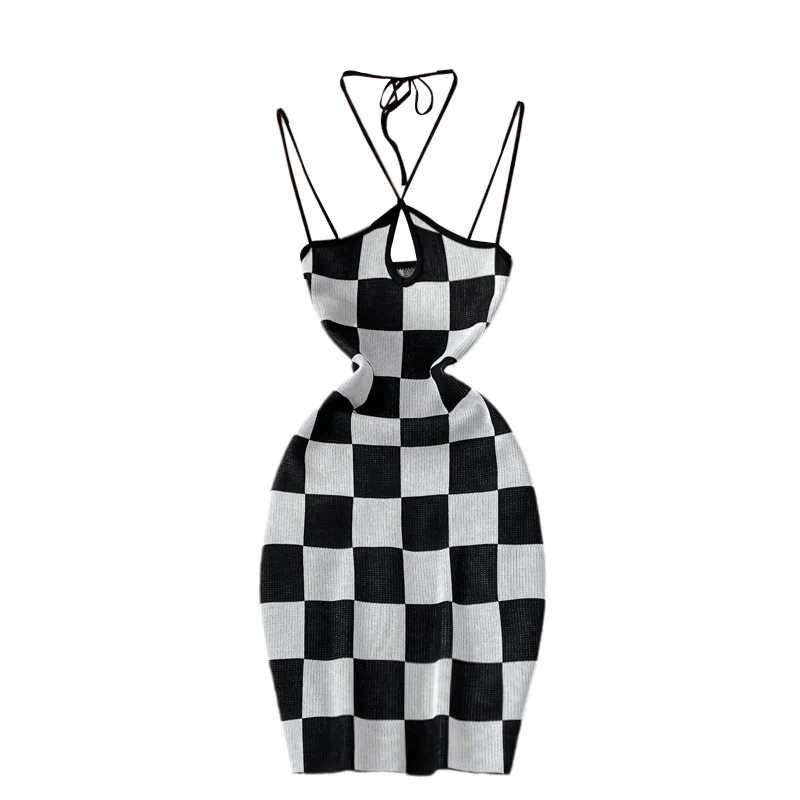 

Girls Sexy Halter Camisole Wrap Hip Knitted Dress Fashion Women's Chest Hole Backless Summer 2021 Plaid Suspender Strap Dresses