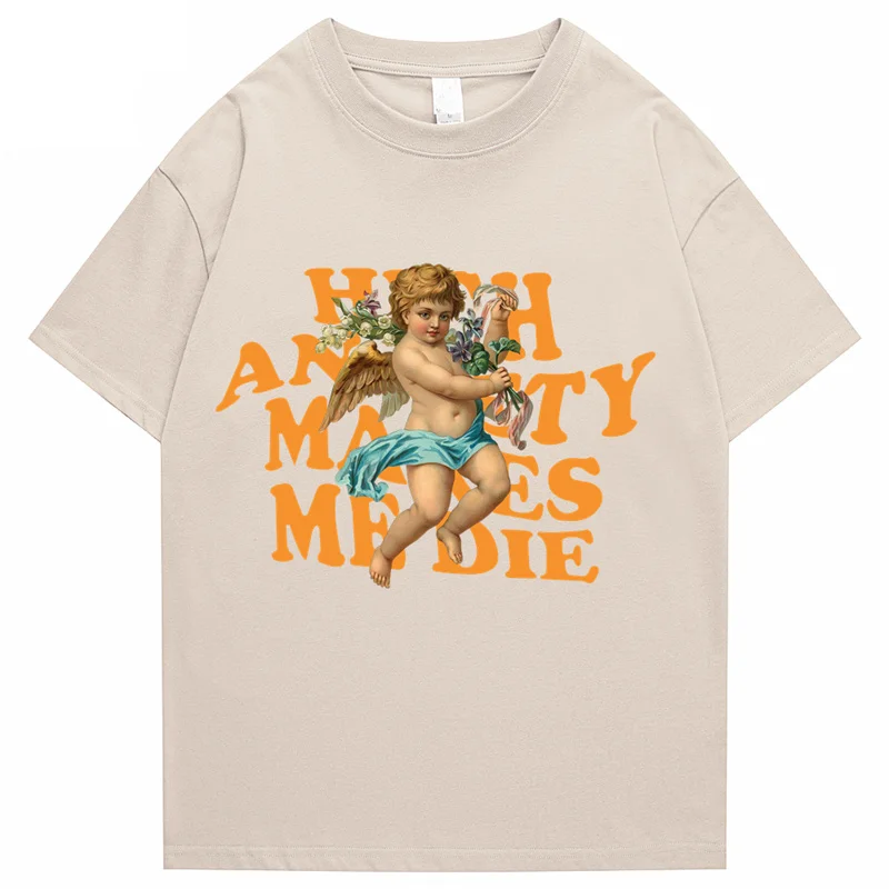 

Men Hip Hop T-Shirt Streetwear Gun Angel Printed T Shirt 2022 Summer Short Sleeve Tshirt Harajuku Cotton Casual Tops Tees Black