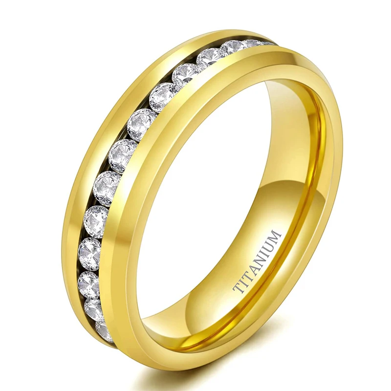 

6mm Gold Color Titanium Ring Cubic Zirconia Wedding Band Luxury Engagement Ring For Men Women Jewelry Wholesale