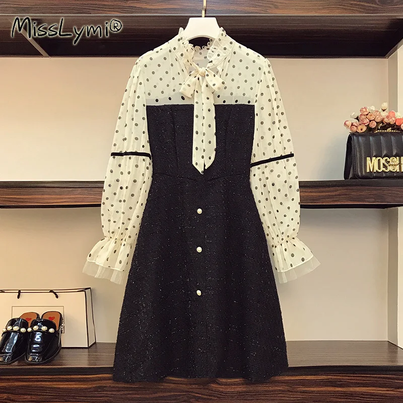 

Женское шифоновое платье, твидовое платье в горошек, с бантом на воротнике, длинным рукавом, в стиле пэчворк, осень L-4XL, размера плюс