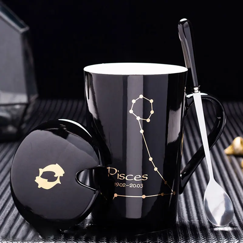 

Contellation Ceramic Mug with Lid Spoon Coffee Cup 12 Astrological Signs Black Unique Gift F2
