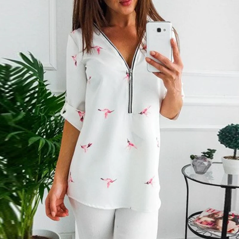 Осенние женские рубашки на молнии с длинным рукавом сексуальные топы v-образным