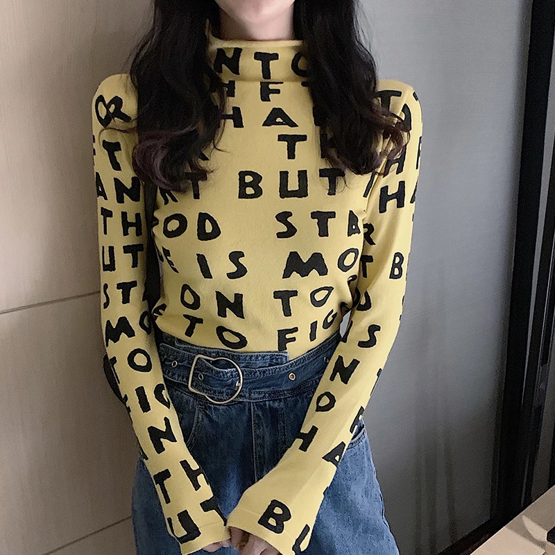 Женская водолазка с буквенным принтом GRUIICEEN облегающая футболка длинными