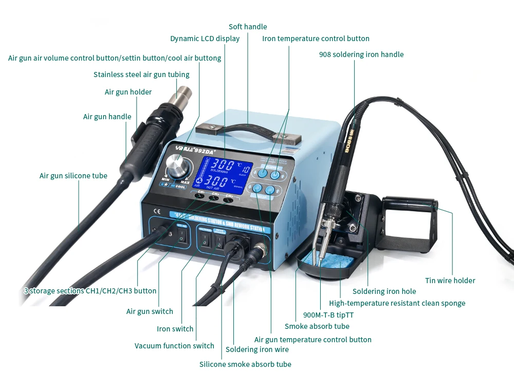 YIHUA 992DA+ ЖК-паяльная станция с дымчатым паяльником вакуумная Ручка паяльная станция BGA сушилка для горячего воздуха сварочная станция