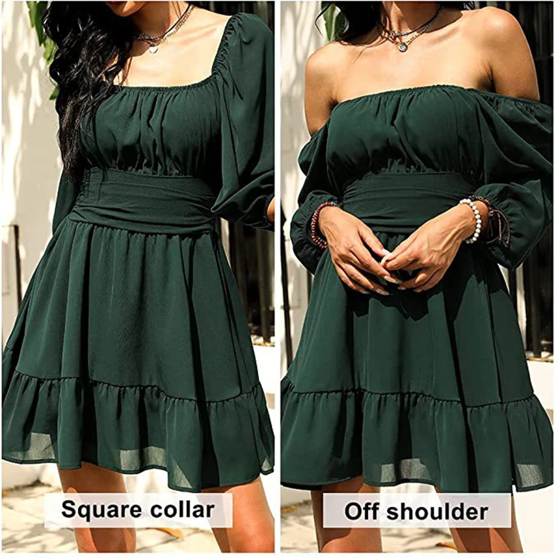 

Summer Hollow Out Backless Dress Two Wear Square Collar Or Off Shoulder Half Sleeve A-Line Mini Lace Up Casual Dress Women 2021