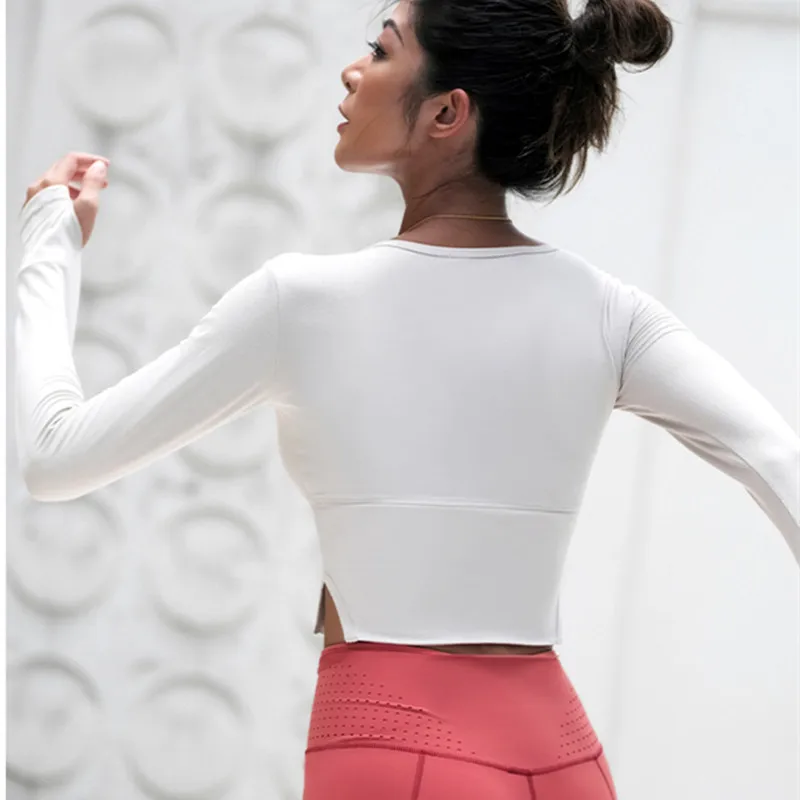 

CretKoav Autumn New Long Sleeve Yoga T-shirt Women Sexy Crop Tops Gym Elastic Tight Fitness Running Sport T-Shirt With Padded