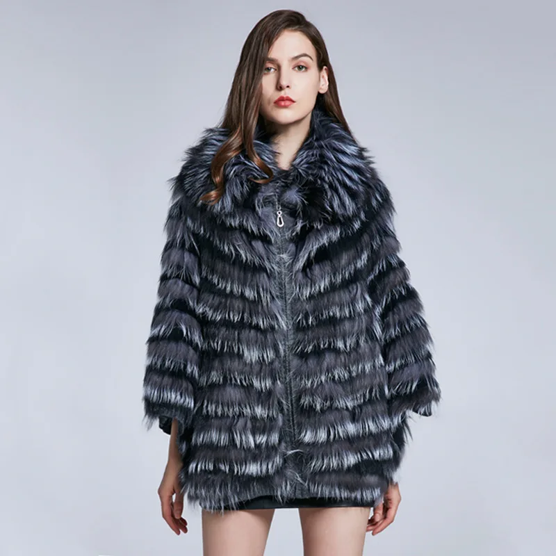 Patchwork Short Three Quarter Sleeves Thick Warm Genuine Leather With Fox Fur Collar Real Fur Winter Outwear Clothes For Women