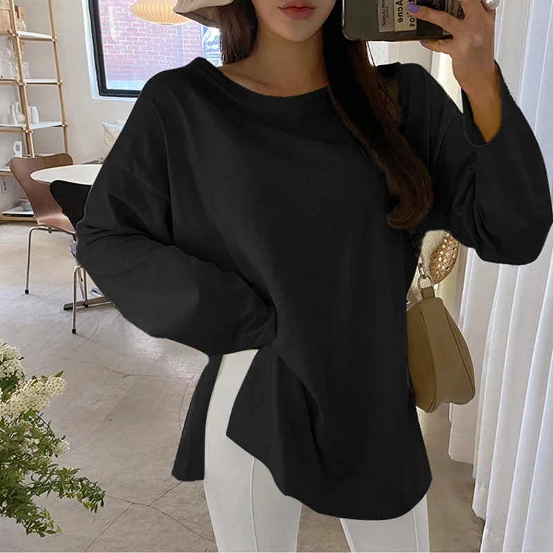 

Свободная Женская футболка с длинным рукавом, повседневные винтажные топы с разрезом, Женская весенне-осенняя хлопковая простая футболка