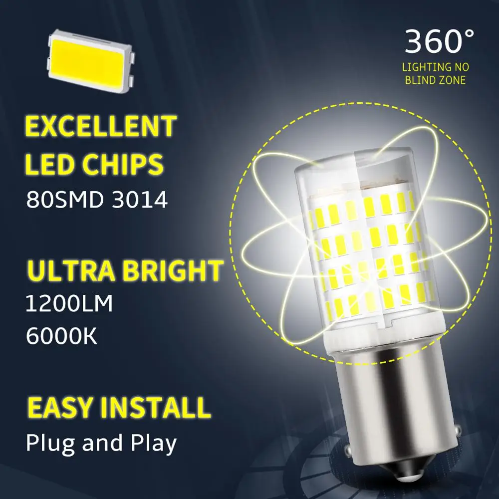 1 шт. 1156 Ba15s P21W Светодиодная лампа 80SMD 3014 чипы супер яркие 1157 BAY15D P21/5 Вт 12 в 21 Вт/5