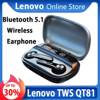 lenovo wireless earphone qt81 bluetooth 5 1 waterproof headphones touch button hifi stereo earbuds 40mah battery with mic earbud