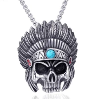 indian chief skull long men necklaces pendants chain punk for boyfriend male stainless steel jewelry creativity gift wholesale