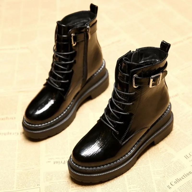 

Women Motorcycle Ankle Boots Female Lace Up Platforms Autumn Winter Soft Leather Shoes designer women shoes shoes woman L14-86