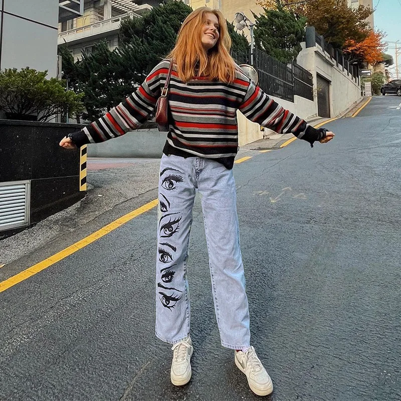 

Женские джинсы, винтажные джинсы с принтом глаз на осень и зиму, женские повседневные прямые джинсовые брюки с высокой талией