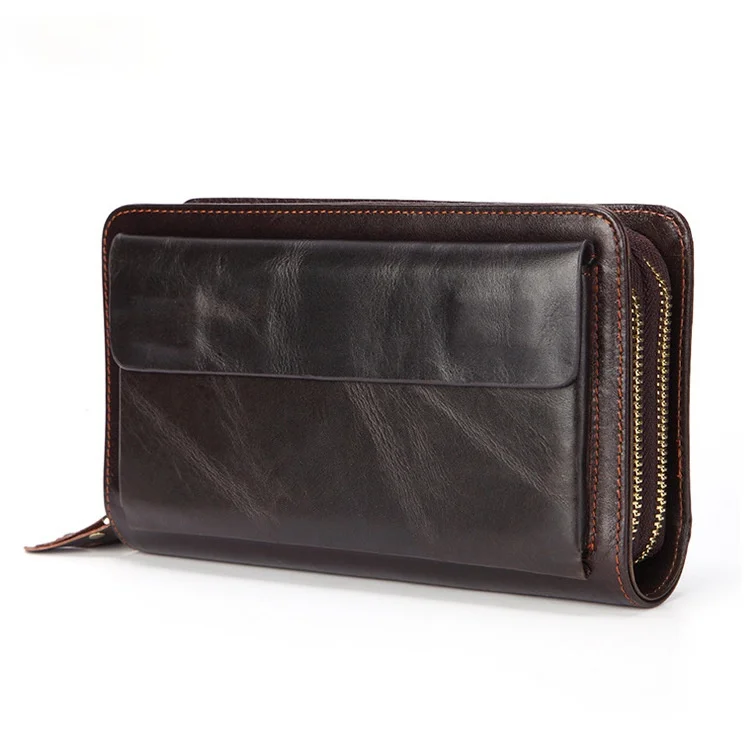 Spot hot selling first layer leather men's wallet long oil wax leather double zipper bag retro men's bag