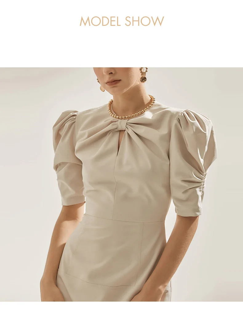 Dresses Summer 2021 New Round Neck Pleated Puff Sleeves Scheming Hollow and Thin Mid-length Retro Dress Dress Dress