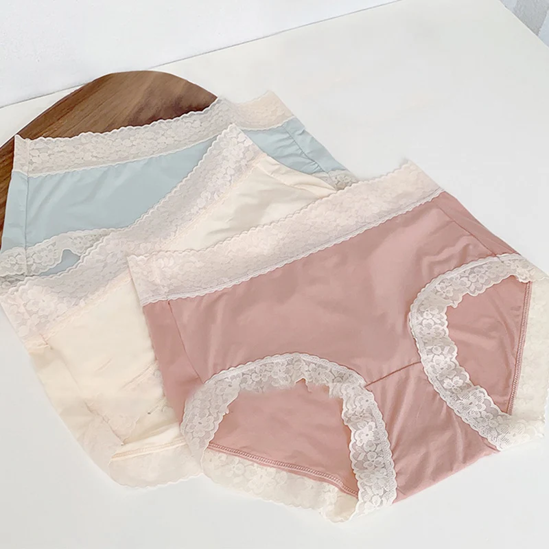 

2021 new underwear ladies ice silk high waist hips and abdomen sexy lace pattern comfortable breathable briefs women