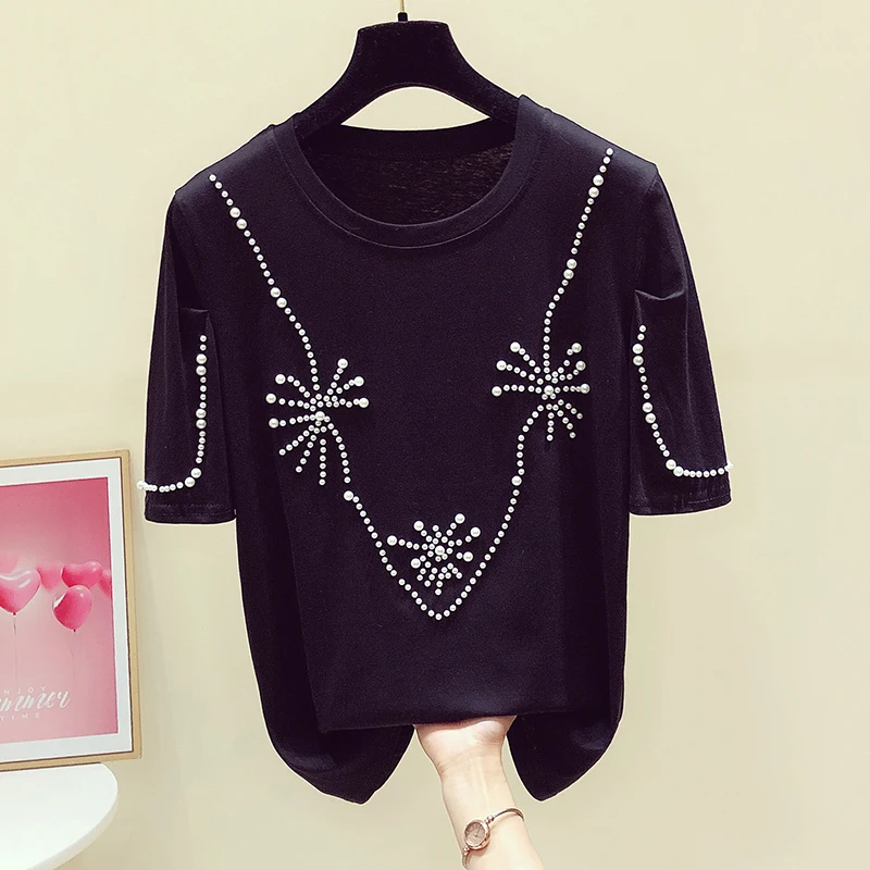

Женская футболка с бусинами, новый корейский декоративный топ с круглым вырезом и коротким рукавом с буфами и жемчужинами, лето 2021