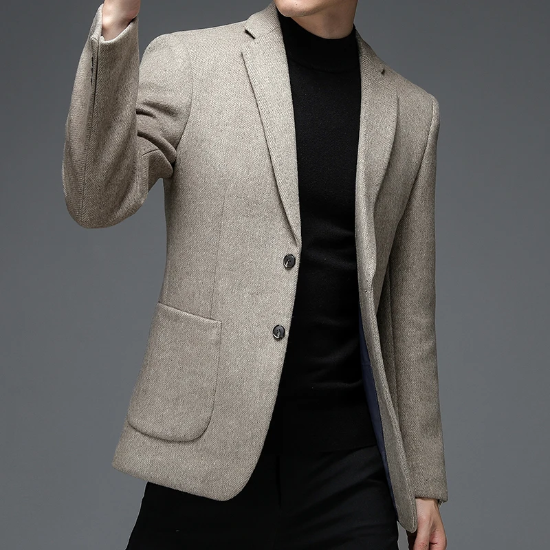 

Autumn Winter Men Beige Gray Sheep Wool Blazers Smart Casual Cashmere Woolen Blend Outfits 2 Buttons Front Suit Business Jacket