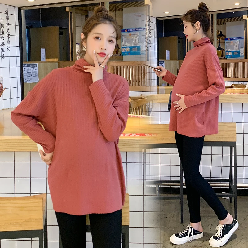 

3987# Autumn Korean Fashion Striped Maternity Shirts High Neck Large Size Loose Tops Clothes for Pregnant Women Pregnancy Shirt