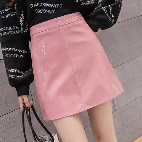 2023  Autumn & Spring New Arrival Patent Leather Mirror Candy PU Leather Skirt High Waist Solid Slim A-line Skirt Free Shipping