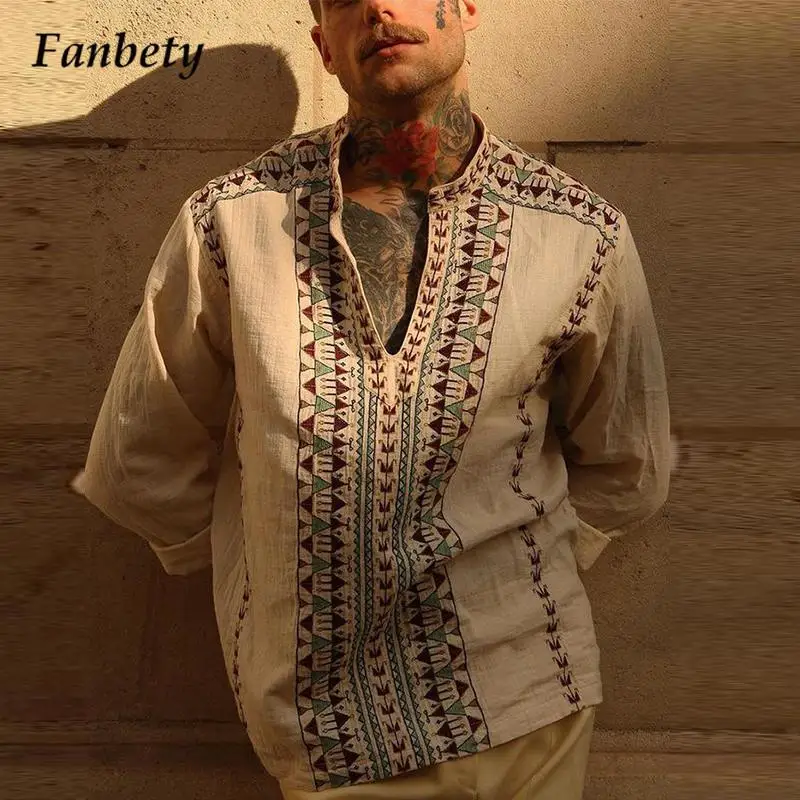 

Хипстерские осенние высококачественные мужские топы из хлопка и льна 2021, пуловер с винтажным принтом и воротником-стойкой, повседневная му...