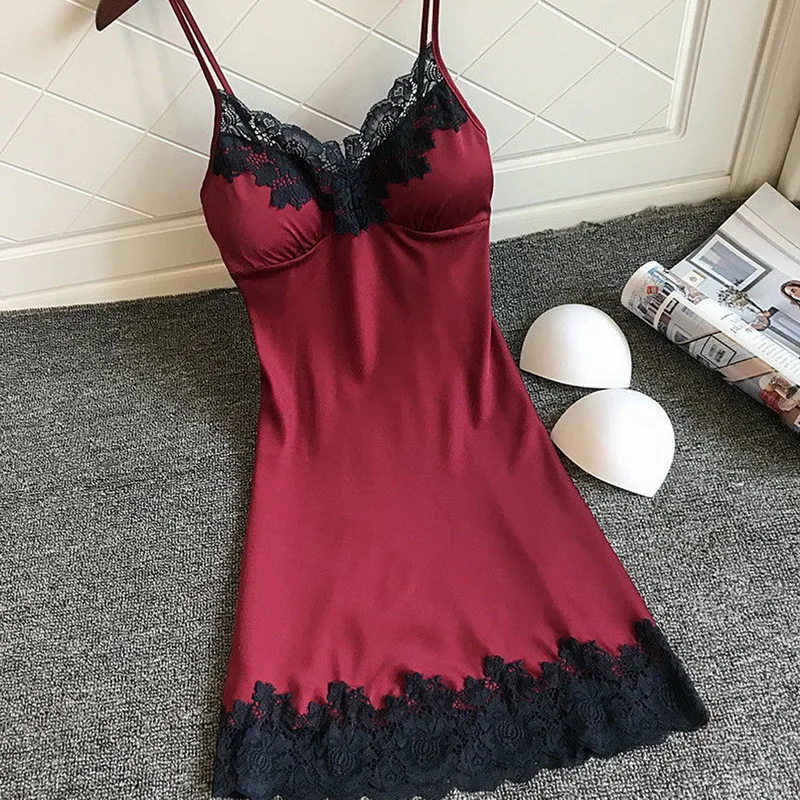 

Women Nightgowns Satin Lace Sexy Lingerie Summer V-neck Sleeveless Night Dress Sleepwear Dress Chest Pad Nightgown