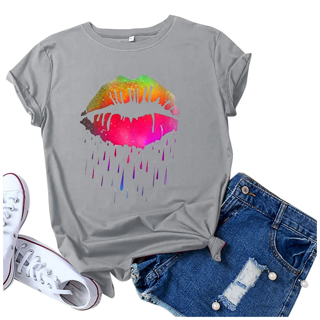 

New Women's Lip Graphic T Shirt Short Sleeve Top For Summer Colorful Print Plus Size Female Tee Shirts Tops