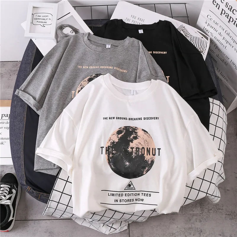 Женская футболка с короткими рукавами Повседневная Свободная черная круглым